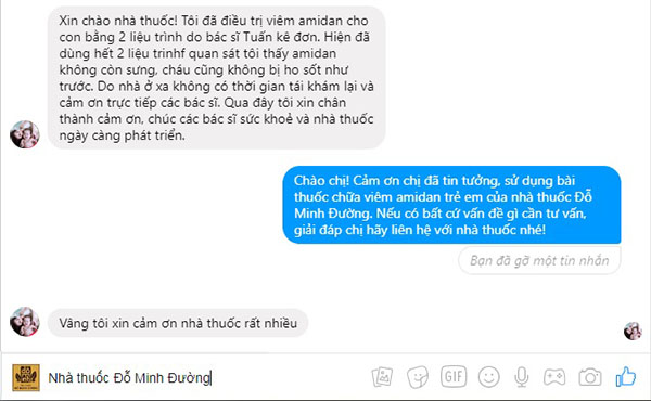 Tin nhắn facebook cảm ơn của phụ huynh gửi đến nhà thuốc Đỗ Minh Đường