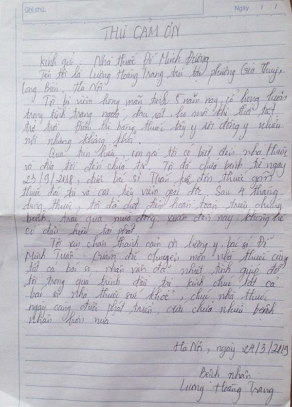 Ảnh thư viết tay cảm ơn nhà thuốc Đỗ Minh Đường